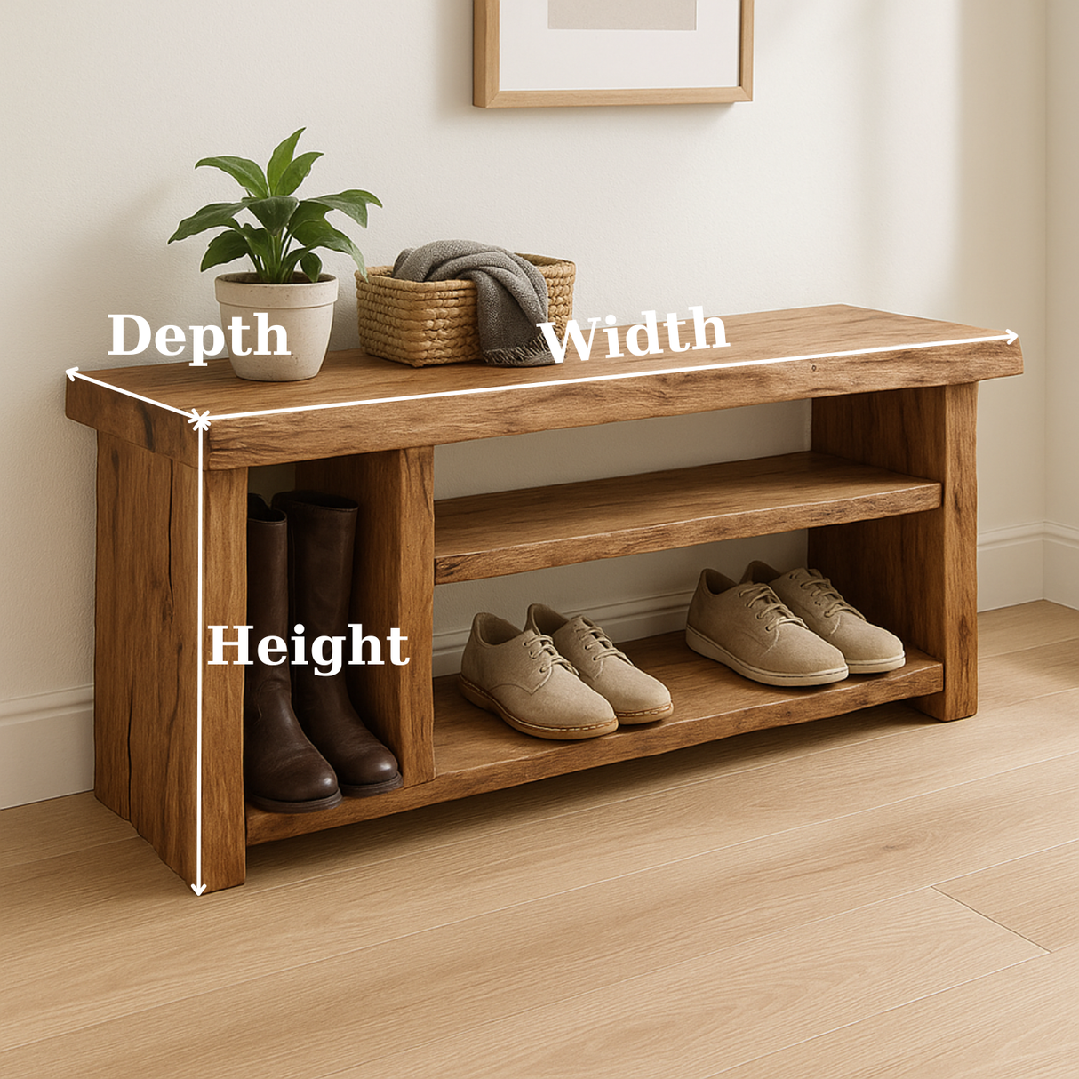 Handcrafted Solid Wood Bench – Natural Rustic Seating and Multi-Tier Storage