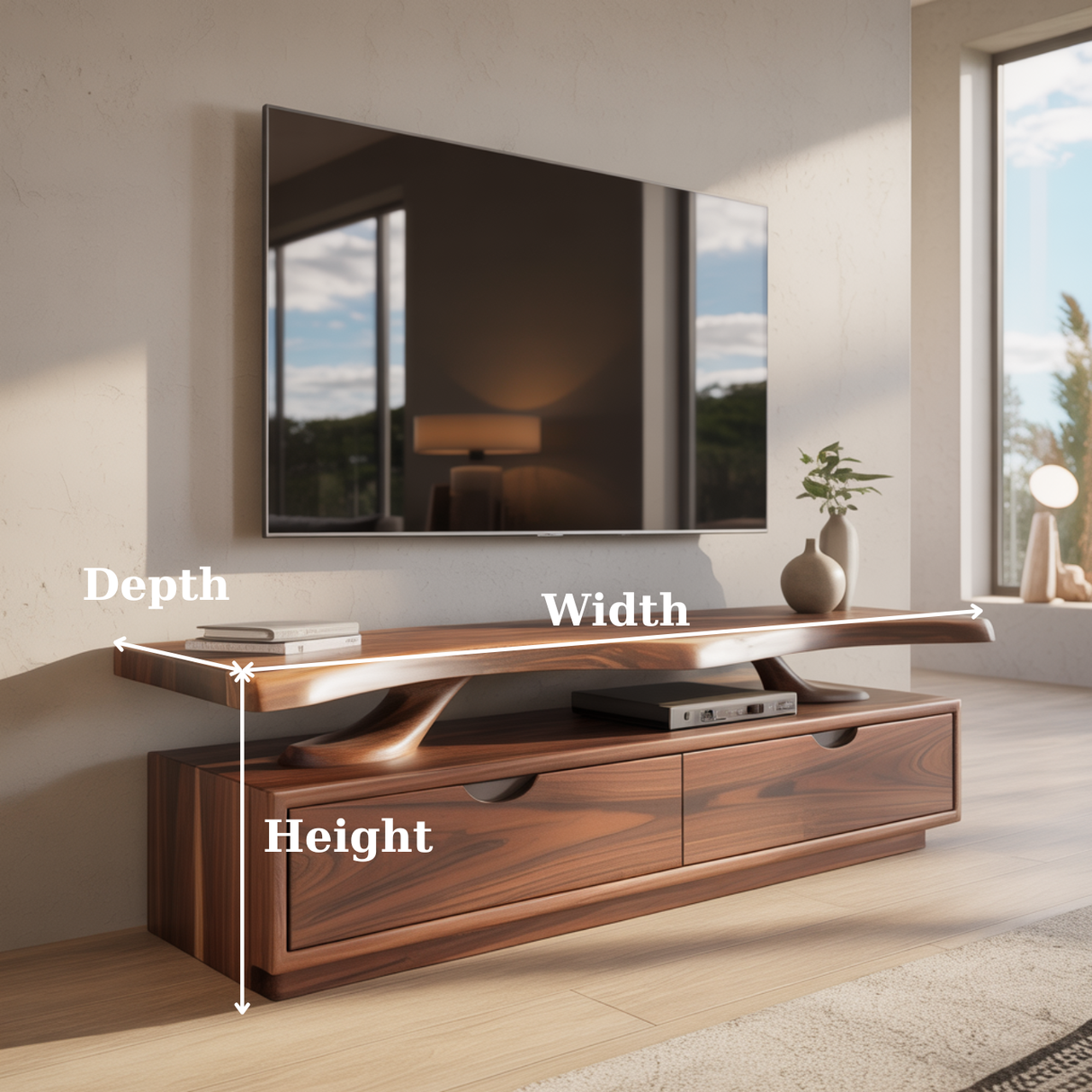 Handcrafted Solid Wood TV Stand with Sculpted Live-Edge Floating Shelf