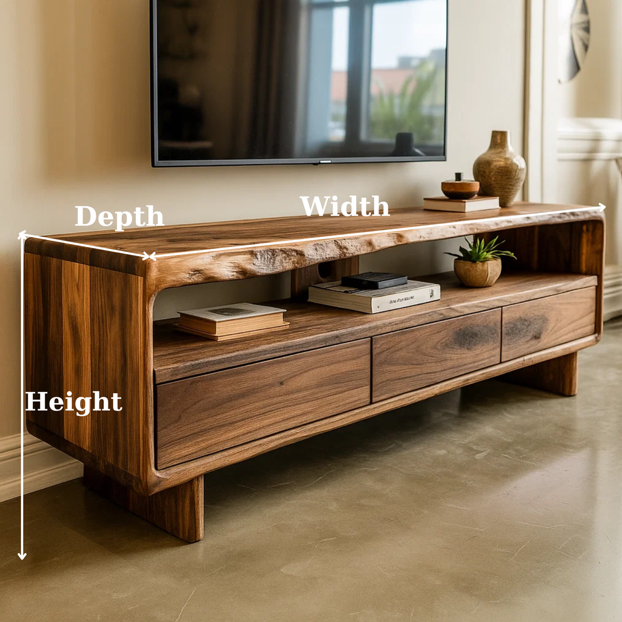 Handcrafted Solid Wood TV Stand with Sculpted Live Edge Walnut Top and Curved Design