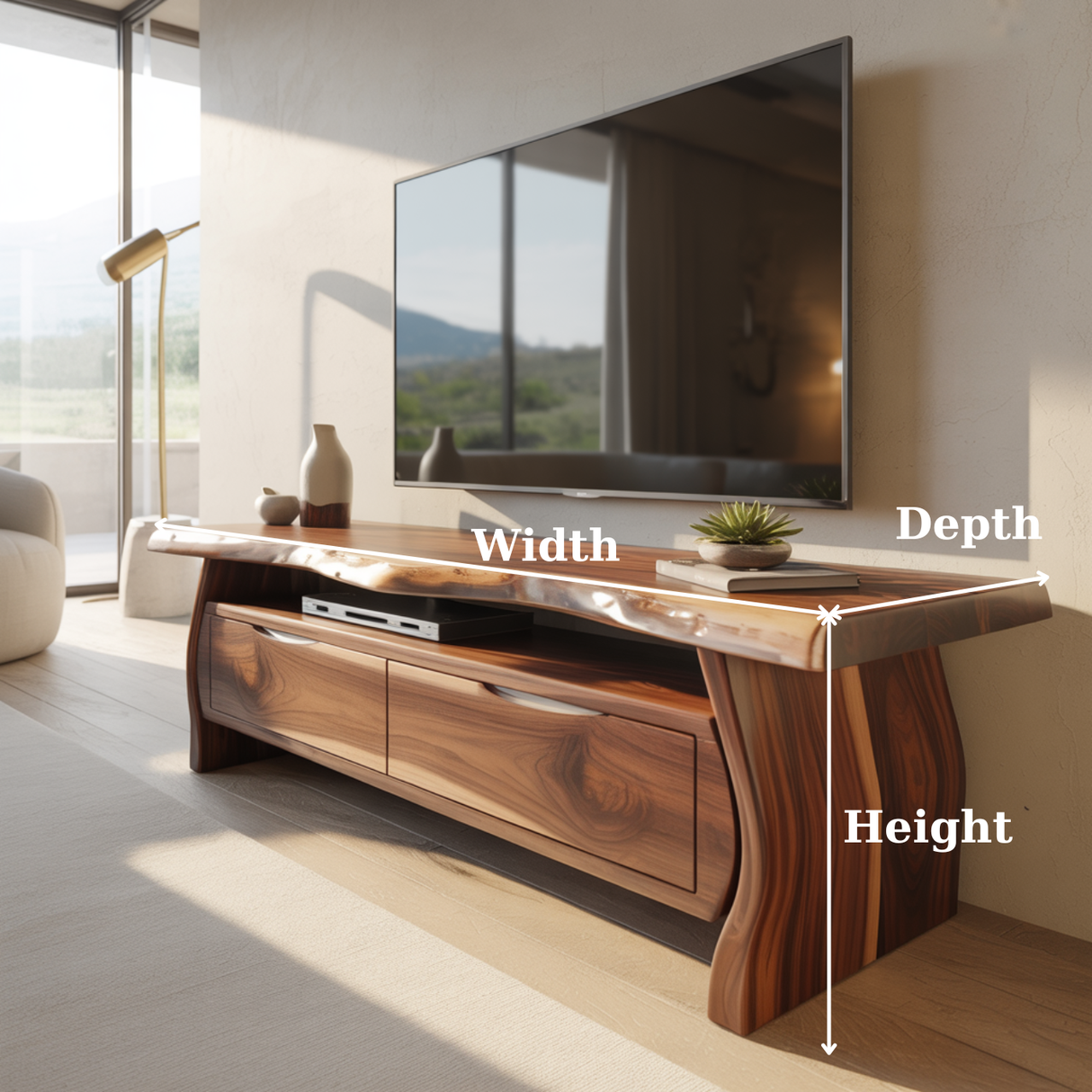 Handcrafted Live-Edge Solid Wood TV Stand with Sculpted Curved Base
