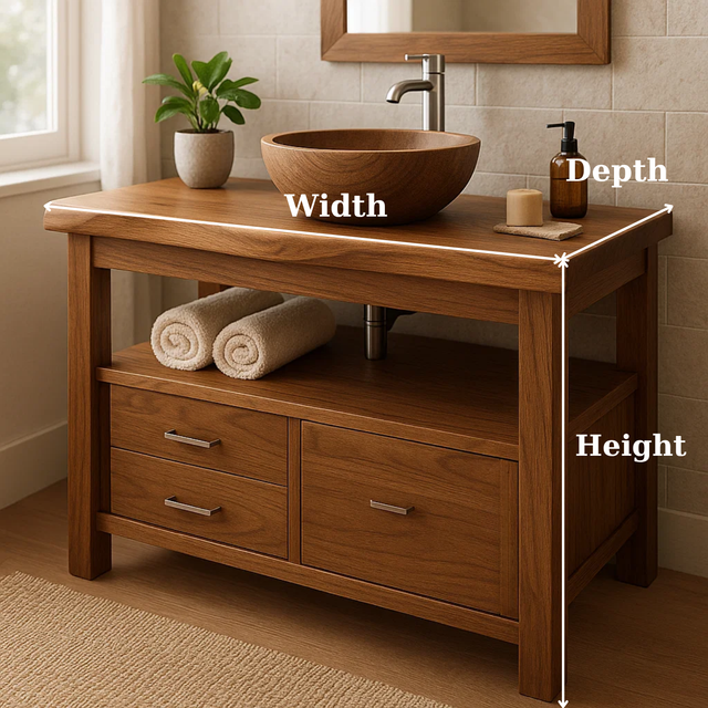 Handcrafted Solid Wood Bathroom Vanity with Live Edge Oak Top and Metal Handles