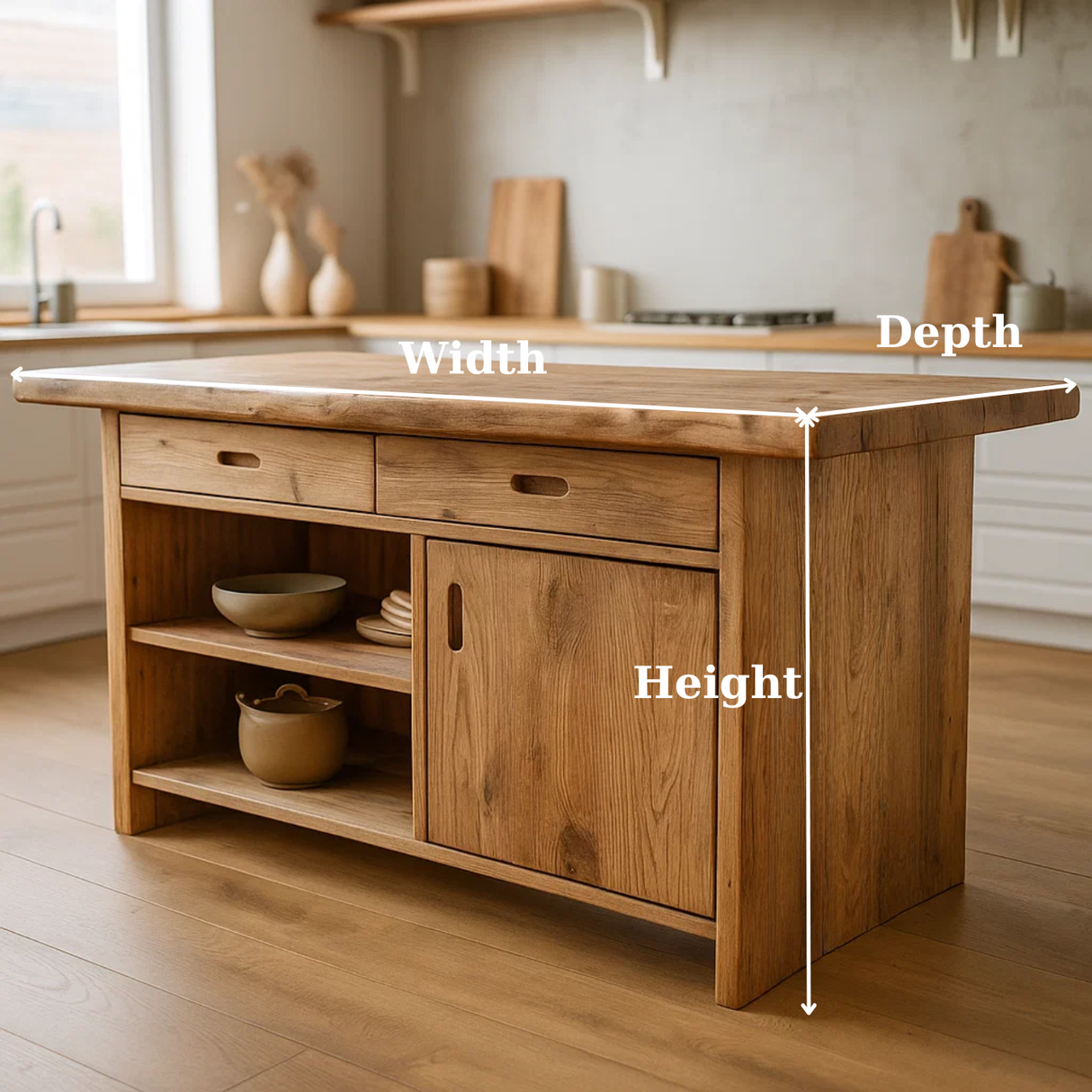 Handcrafted Solid Wood Kitchen Island with Open Shelves and Sliding-Door Storage