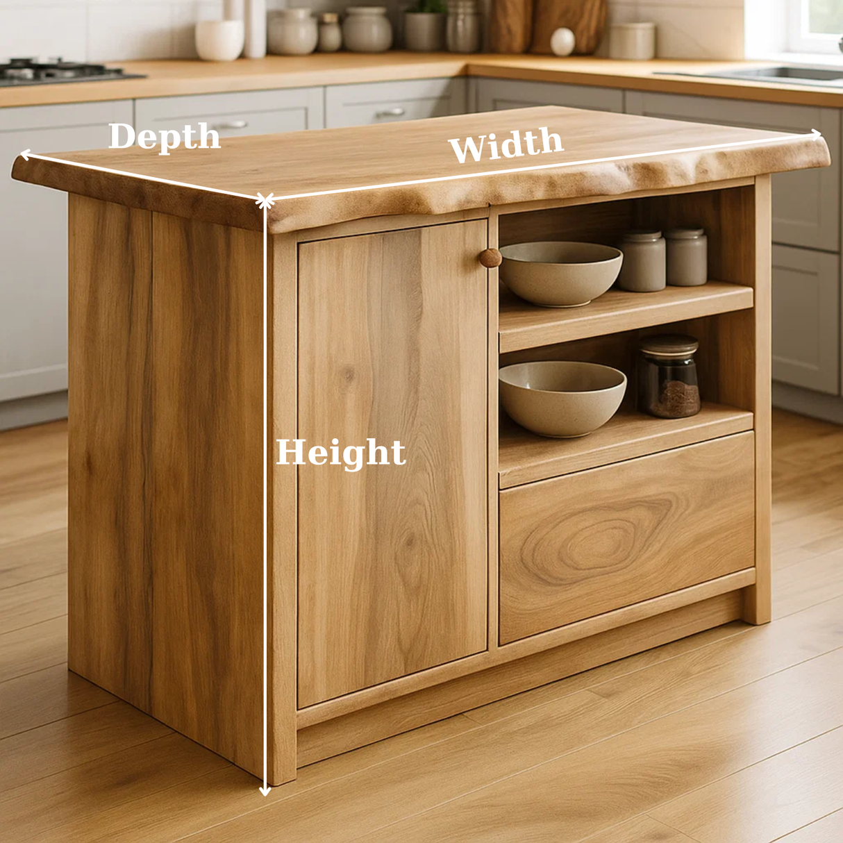 Handcrafted Solid Wood Kitchen Island with Live-Edge Top and Open Storage Shelves