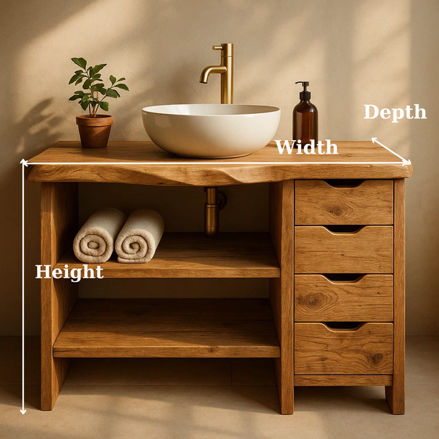 Handcrafted Solid Wood Bathroom Vanity with Live Edge Oak Top and 4 Drawers