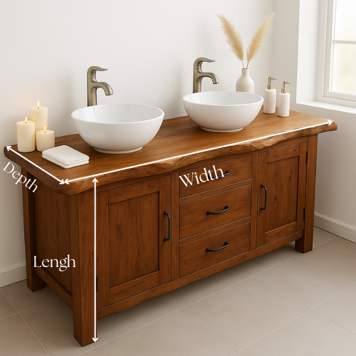 Handcrafted Double Sink Bathroom Vanity – Solid Wood Live Edge Countertop with Drawers & Cabinets – Rustic Modern Design for Natural Interiors