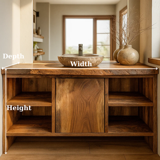 Handcrafted Solid Wood Bathroom Vanity with Central Sliding Door & Open Storage Shelves