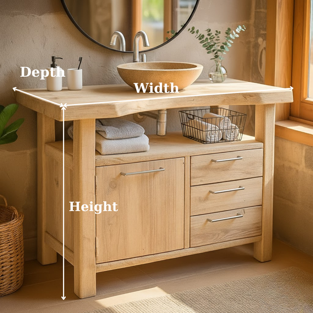 Handcrafted Solid Wood Bathroom Vanity with Live Edge Oak Top and Storage Drawers