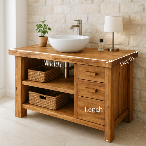 Handcrafted Solid Wood Bathroom Vanity – Rustic Live Edge Countertop with 3 Drawers & Open Shelves – Farmhouse Natural Finish