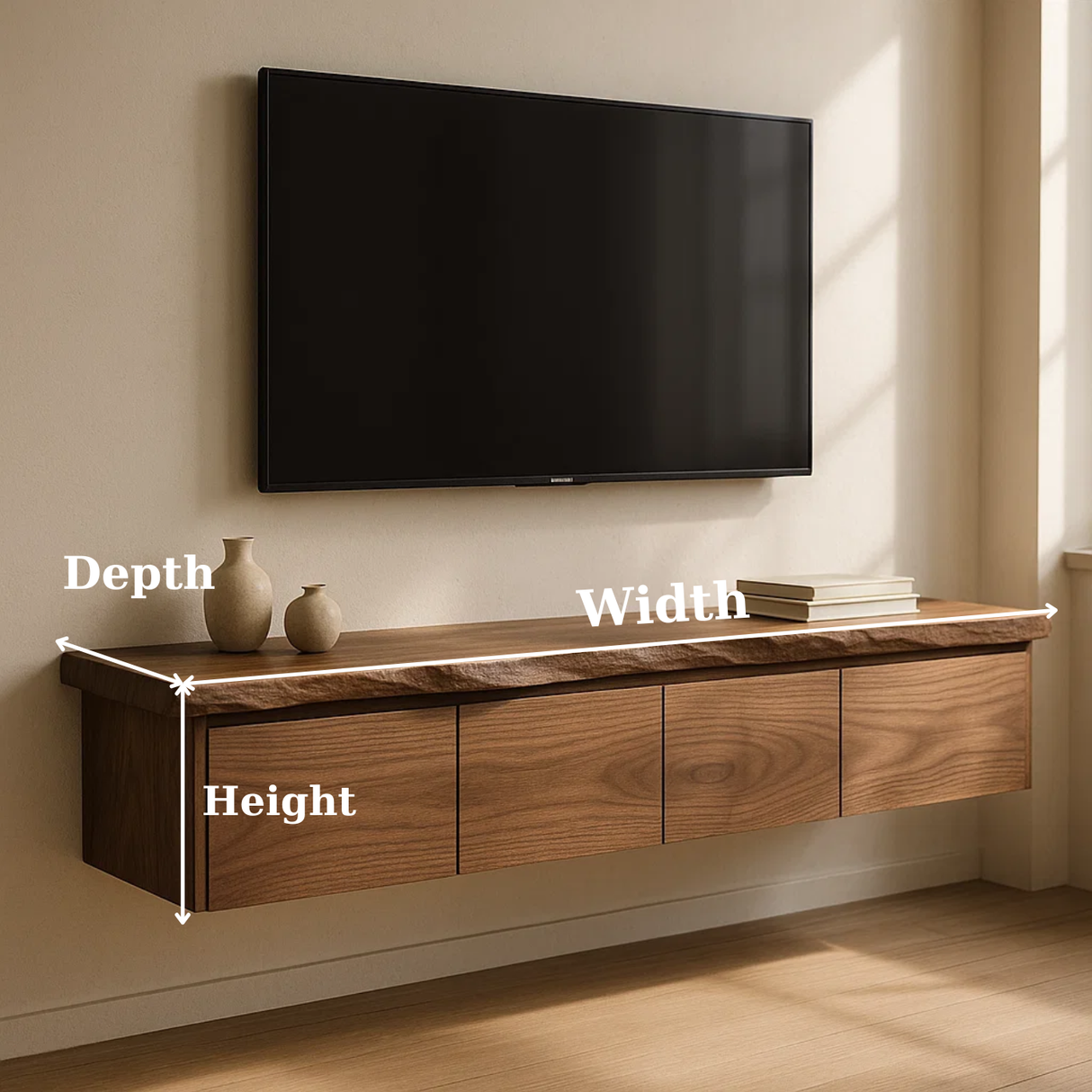 Handcrafted Solid Wood Floating TV Stand with Live Edge Walnut Top