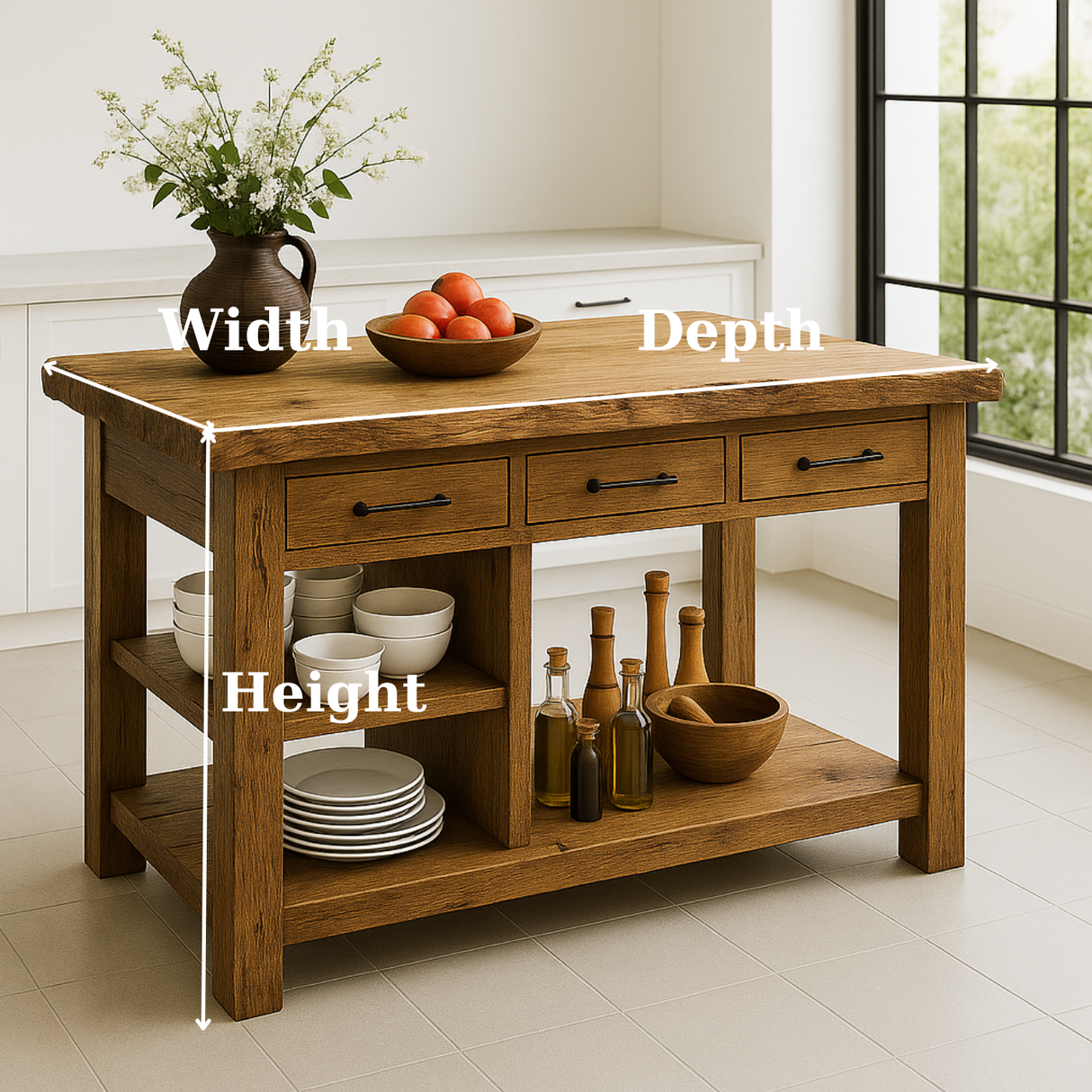 Handcrafted Solid Wood Kitchen Island - Live-Edge Top, 3 Drawers & Shelves