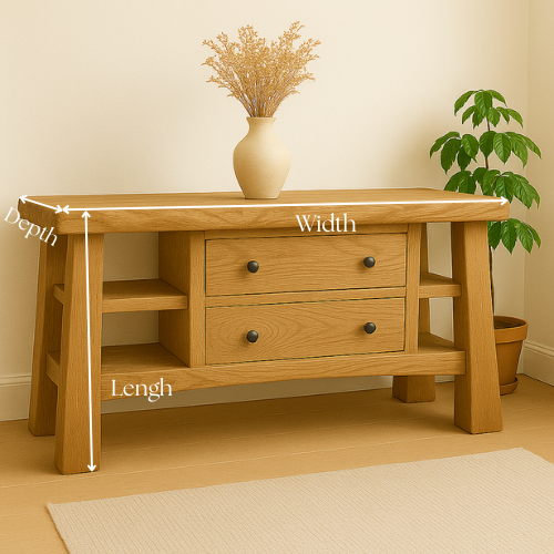 Handcrafted Solid Wood Console Table – Modern Rustic Oak with Drawers and Side Shelves