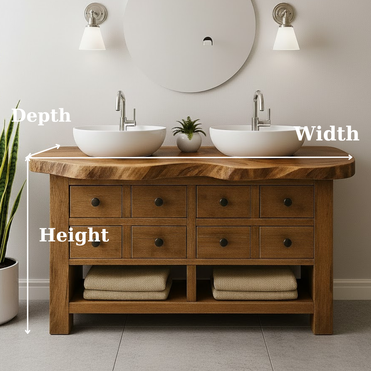 Handcrafted Solid Wood Live Edge Double Vanity - 8 Drawer Storage