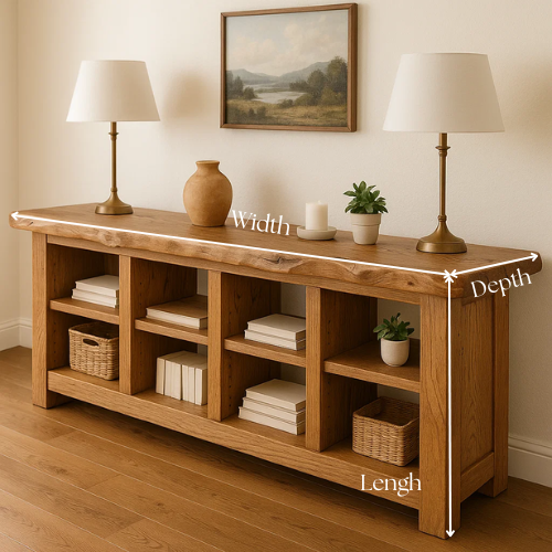 Handcrafted Solid Wood Live Edge Console Table – Rustic Oak with Open Cubby Shelves