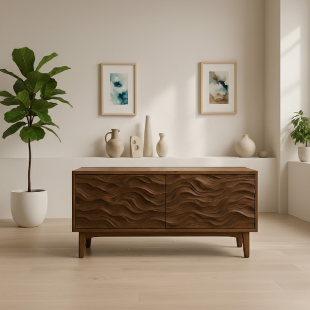 Handcrafted Solid Wood TV Stand – Sculptural Wave Front Credenza for Modern Organic Interiors