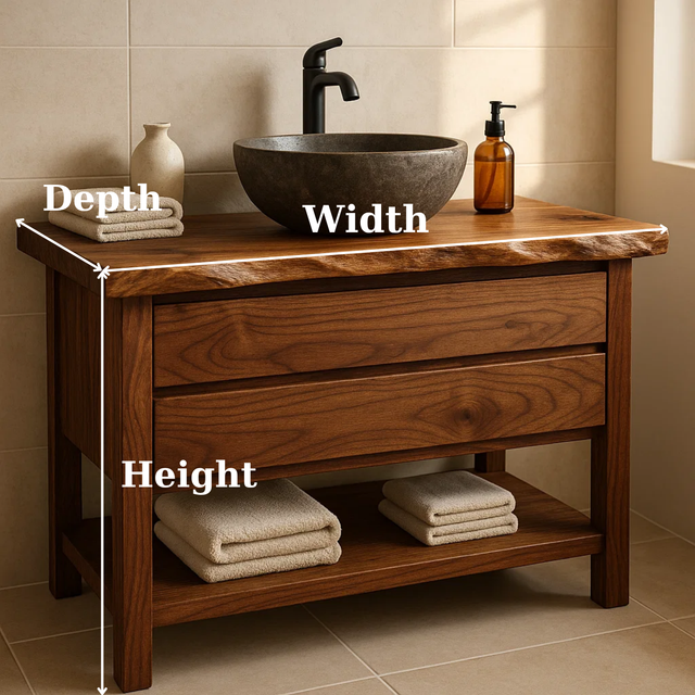 Handcrafted Solid Wood Bathroom Vanity - Live Edge Dark Wood Cabinet & Open Shelf