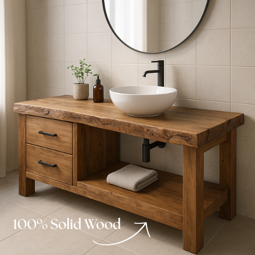 Handcrafted Solid Wood Bathroom Vanity – Live Edge Countertop with Drawers & Open Shelf – Rustic Modern Design for Natural Spa Interiors