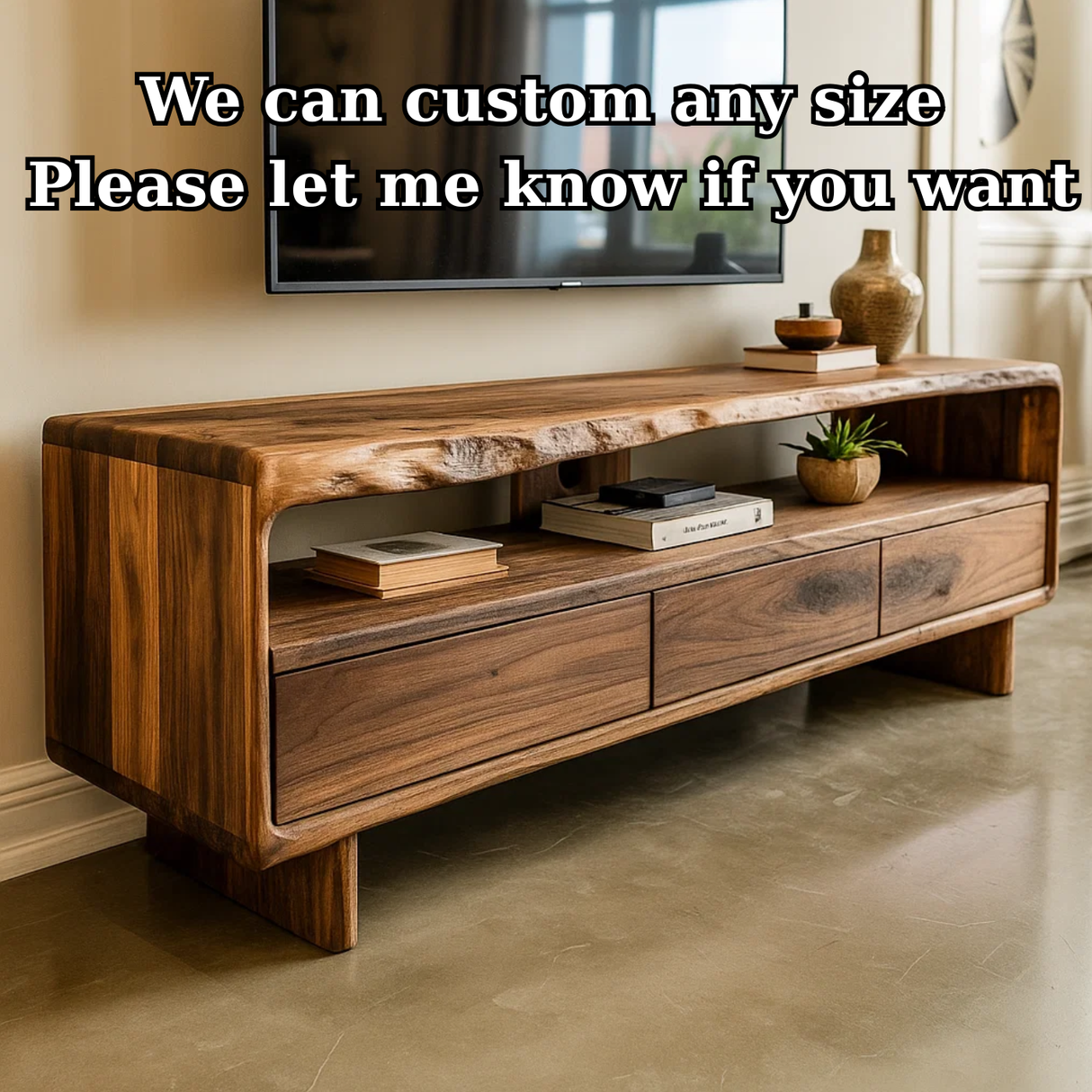 Handcrafted Solid Wood TV Stand with Sculpted Live Edge Walnut Top and Curved Design