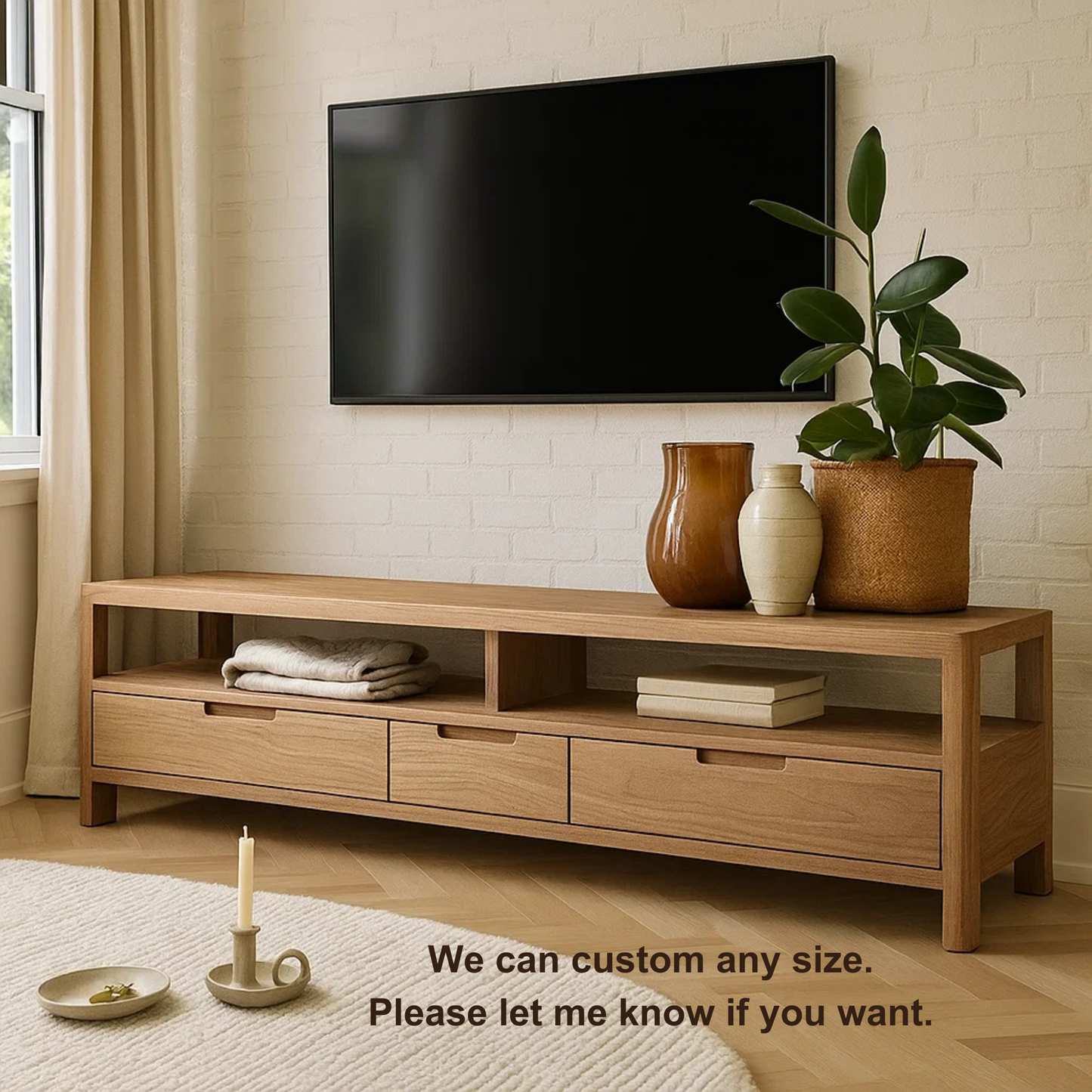 Handcrafted Solid Wood TV Stand with Drawers – Minimalist Entertainment Console Furniture