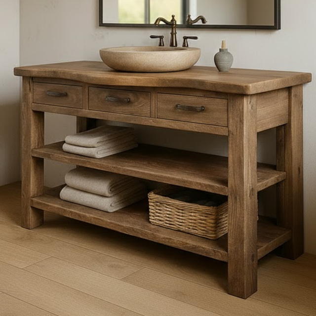 Handcrafted Solid Wood Bathroom Vanity with Curved Live-Edge Top and Triple Storage Drawers