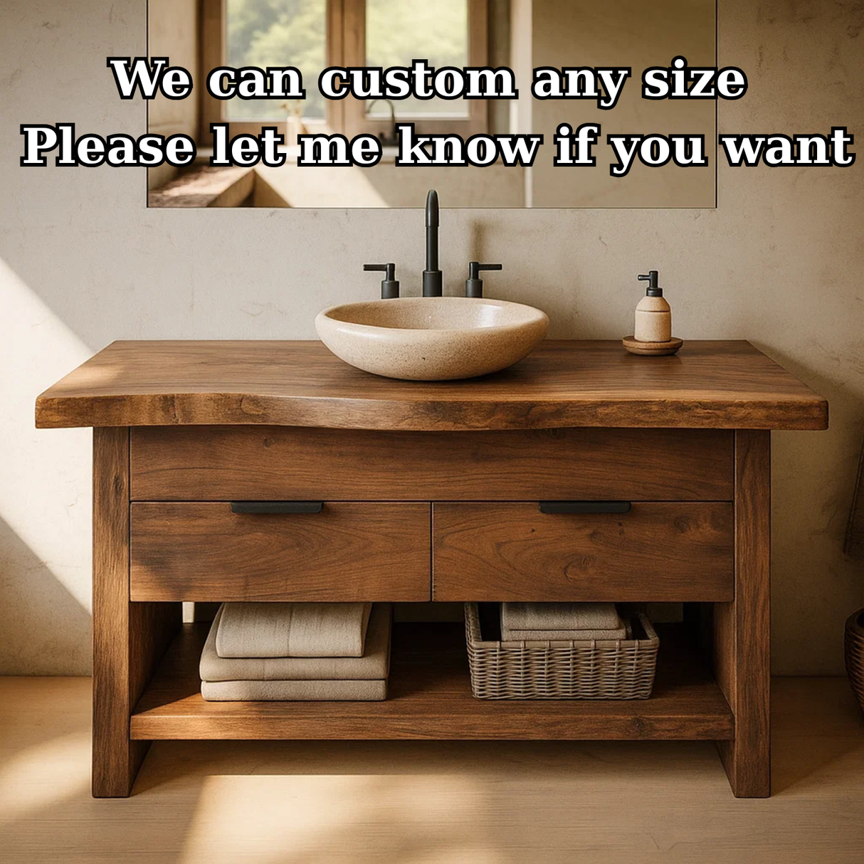 Handcrafted Solid Wood Bathroom Vanity with Live Edge Top and Open Storage Shelf