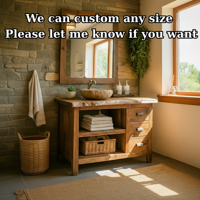 Handcrafted Solid Wood Bathroom Vanity with Live-Edge Top and Spacious Open Storage
