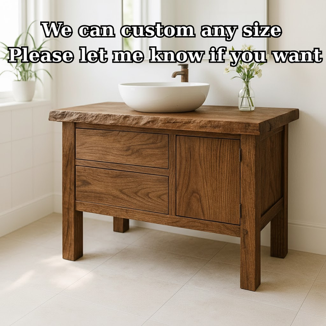 Handcrafted Solid Wood Bathroom Vanity - Live Edge Top, 2 Drawers & Single Door Cabinet