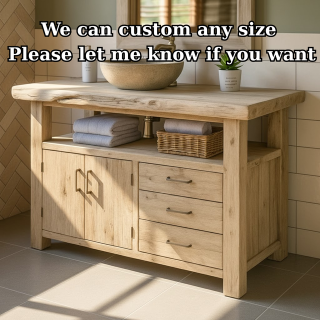 Handcrafted Solid Wood Bathroom Vanity with Live Edge Oak Top, 3 Drawers and Double Cabinet