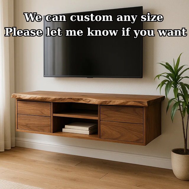 Handcrafted Solid Wood Floating TV - Live Edge Walnut, 4 Drawers & Open Shelf
