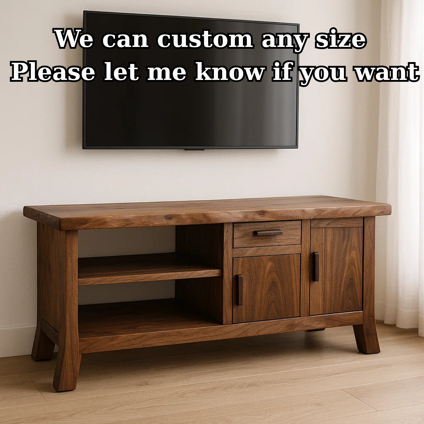 Handcrafted Solid Wood TV Stand - Live Edge Console, Drawer, Cabinet & Open Shelves