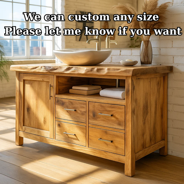 Handcrafted Solid Wood Bathroom Vanity with Live Edge Top and Four Storage Drawers