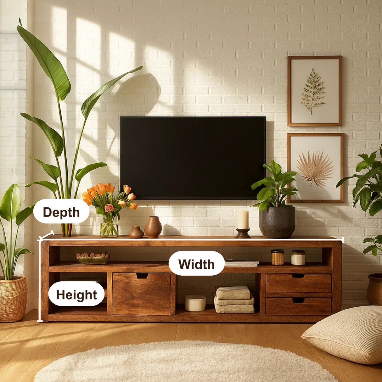 Handcrafted Solid Wood TV Stand with Drawers – Modern Rustic Media Console for Living Room