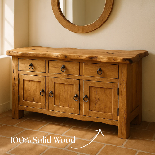 Handcrafted Solid Wood Live Edge Console Table – Rustic Oak with Drawers and Cabinet Doors