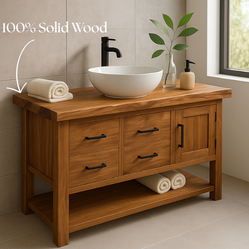 Handcrafted Solid Oak Bathroom Vanity – Live Edge Countertop with Drawers & Cabinet – Modern Rustic Wood Design for Warm, Natural Bathrooms