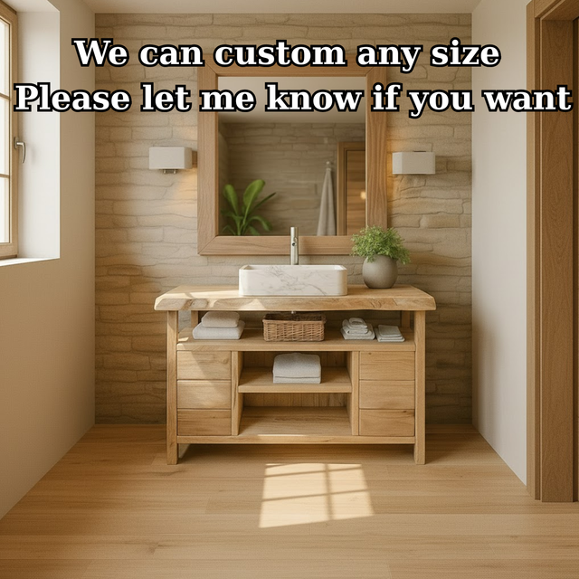 Handcrafted Solid Wood Bathroom Vanity with Live Edge Maple Top and Open Shelf Storage