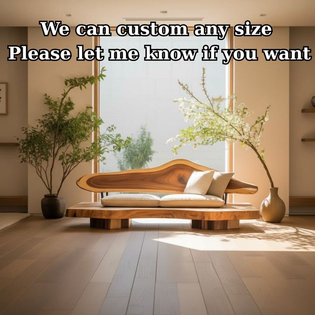 Handcrafted Solid Wood Sofa – Sculptural Live Edge Couch with Organic Form and Linen Cushions