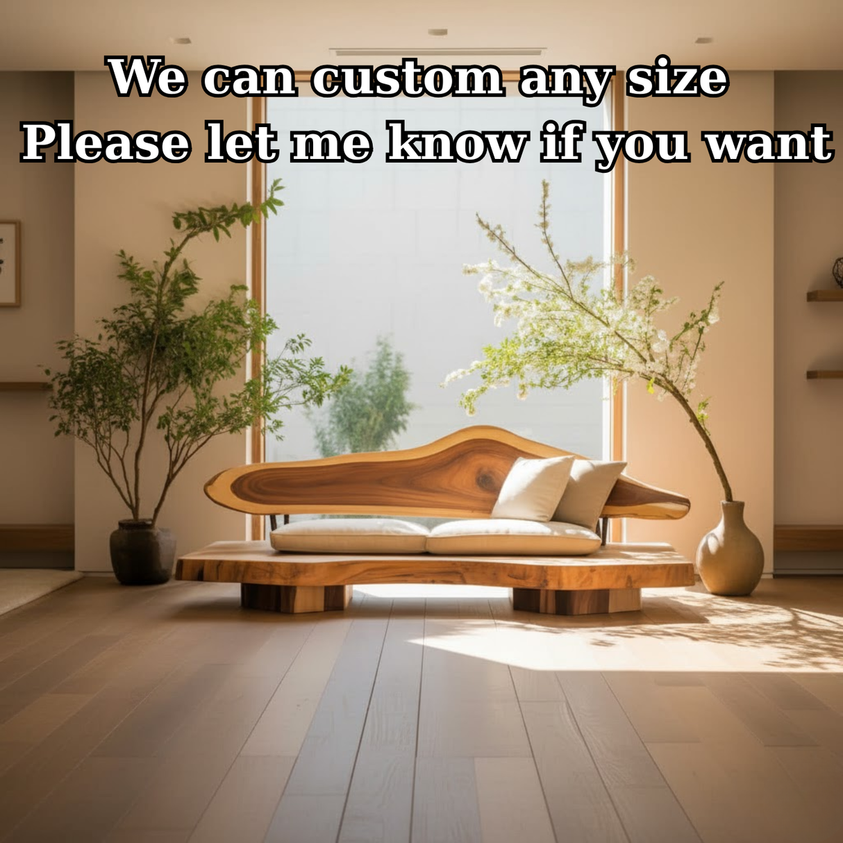 Handcrafted Solid Wood Sofa – Sculptural Live Edge Couch with Organic Form and Linen Cushions