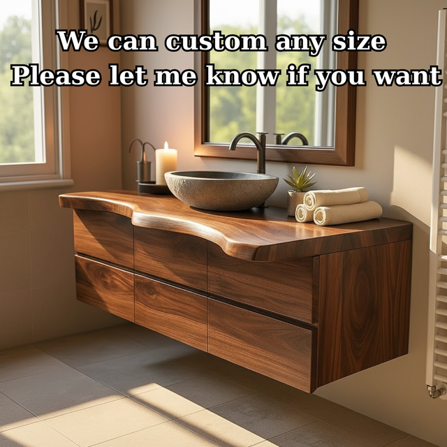Handcrafted Solid Wood Vanity - Wide Floating Live Edge Cabinet with Drawers
