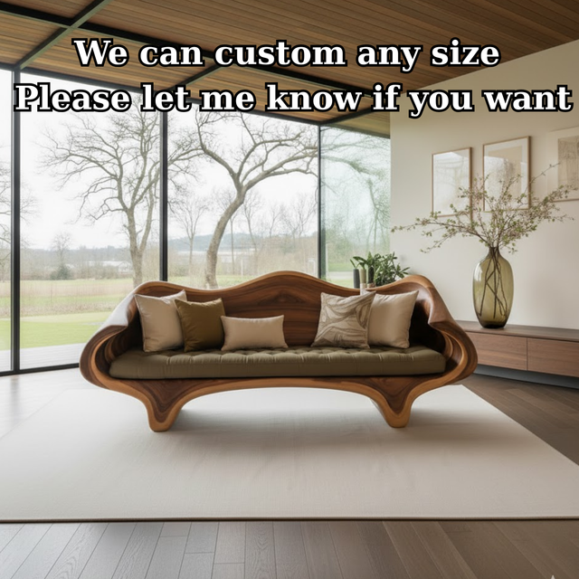 Handcrafted Solid Wood Sofa – Sculptural Organic Wood Couch with Artistic Curves and Cushion Seat