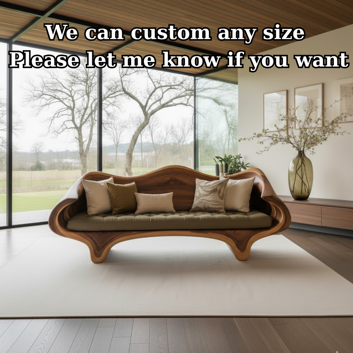 Handcrafted Solid Wood Sofa – Sculptural Organic Wood Couch with Artistic Curves and Cushion Seat