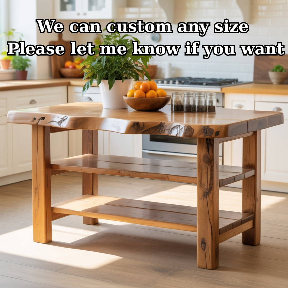 Handcrafted Solid Wood Kitchen Island - Natural Live-Edge Top & Open Shelving