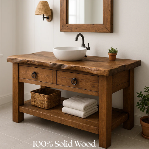 Handcrafted Live Edge Bathroom Vanity – Solid Wood Sink Console with Rustic Drawers and Open Storage Shelf