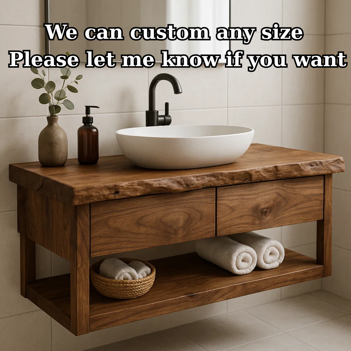 Handcrafted Solid Wood Floating Bathroom Vanity with Live Edge Top - Modern Rustic Washstand
