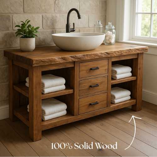Handcrafted Solid Wood Bathroom Vanity – Live Edge Top with 3 Drawers & Open Shelving