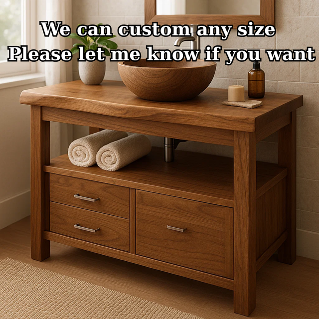 Handcrafted Solid Wood Bathroom Vanity with Live Edge Oak Top and Metal Handles