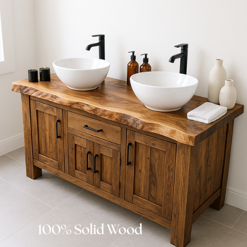 Handcrafted Solid Wood Double Sink Bathroom Vanity – Rustic Live Edge Countertop with Cabinets & Center Drawer – Farmhouse Natural Finish