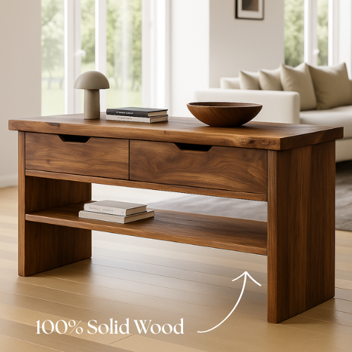 Handcrafted Solid Wood Console Table – Walnut Finish with Drawers and Open Shelf