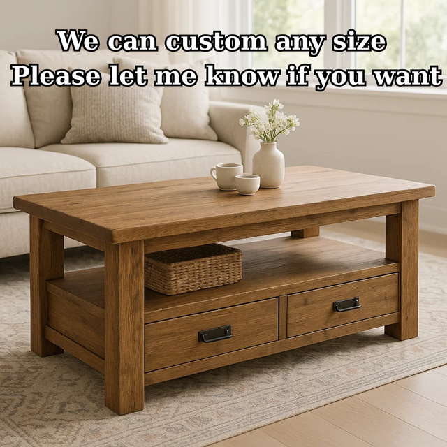 Handcrafted Solid Wood Coffee Table – Rustic Farmhouse Storage with Two Drawers and Shelf