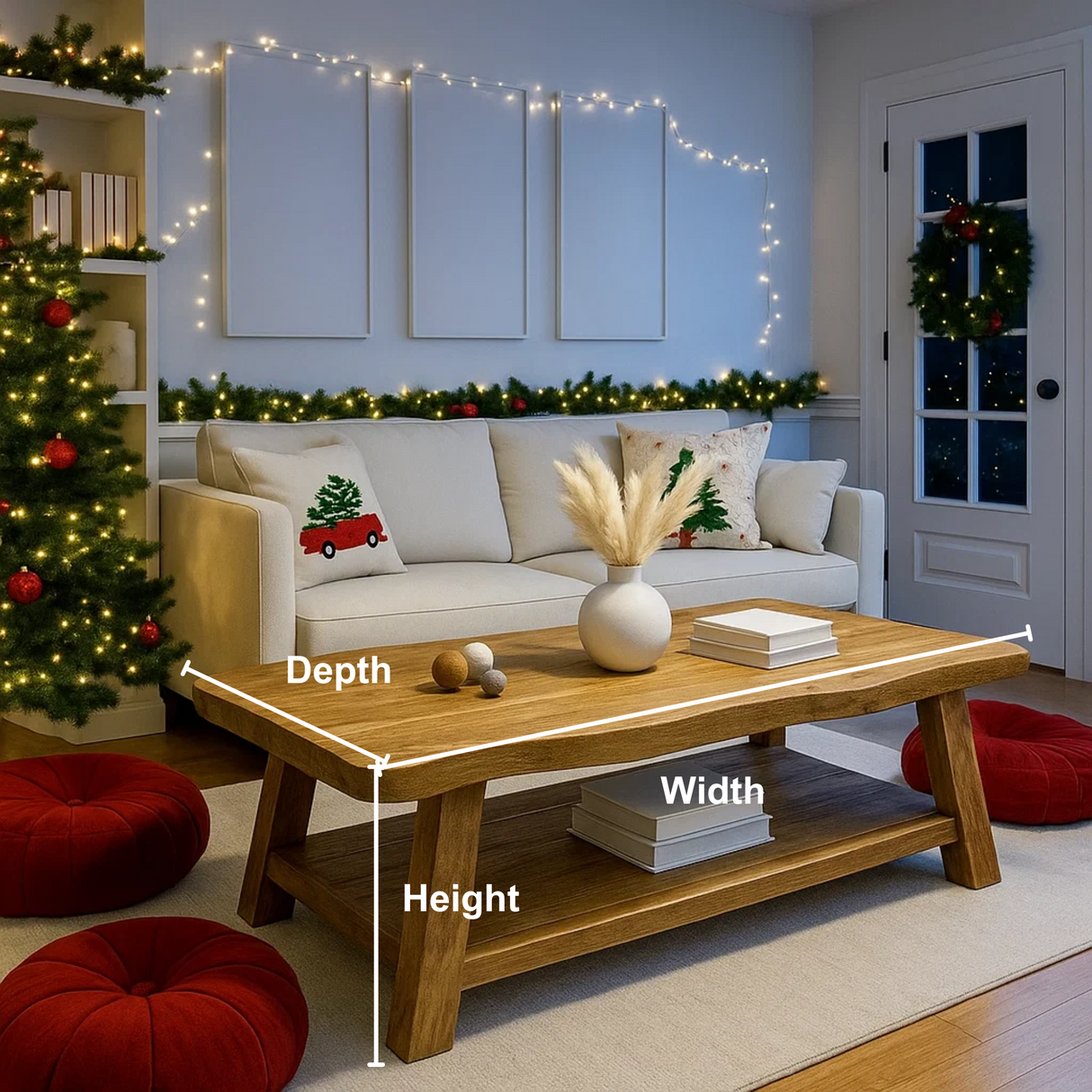 Handcrafted Solid Wood Coffee Table with Live Edge Design – Rustic Modern Center Table with Bottom Shelf for Cozy Holiday Living Rooms