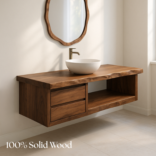 Handcrafted Floating Solid Walnut Bathroom Vanity – Live Edge Countertop with Dual Drawers and Open Shelf – Modern Rustic Design
