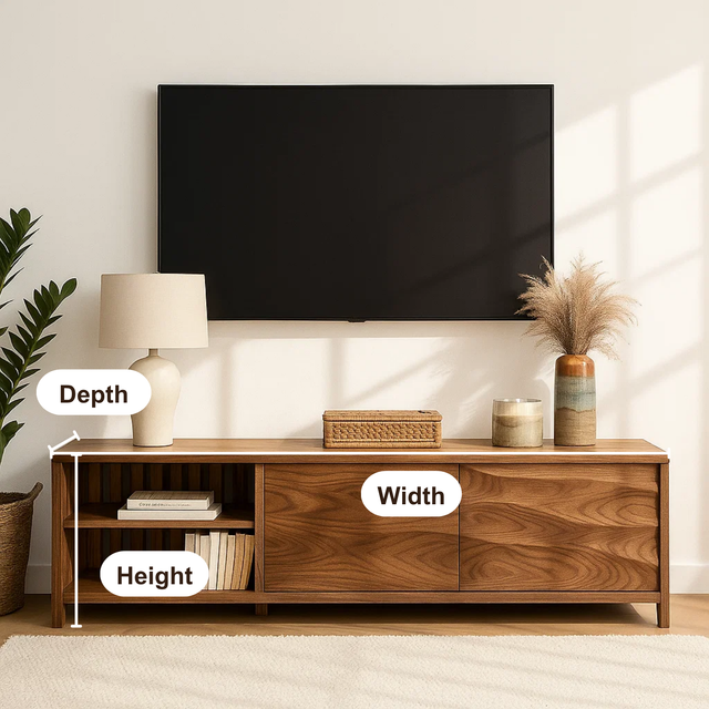 Handcrafted Solid Wood TV Stand – Modern Slatted Media Console with Sliding Doors Design